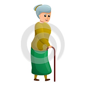 Old woman with crutch icon, cartoon style