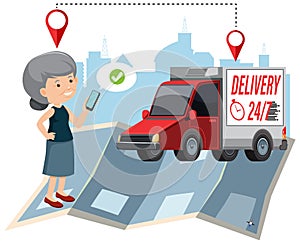 Old woman with delivery panel van and location pins