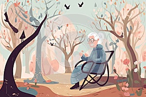 old woman with dementia siting on a banch in the park, cartoon illustration, Generative AI