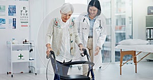 Old woman, doctor and physiotherapy with walking frame for support, help and healthcare. Senior, medical professional