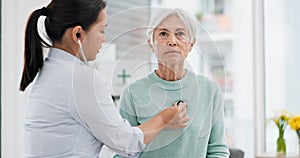 Old woman, doctor or stethoscope to check heartbeat or breathing and health of elderly patient in hospital. Consultation