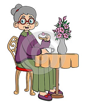 old woman drinking coffee in cafe or restaurant