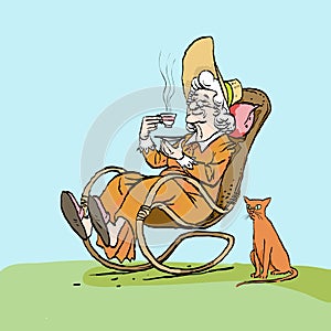 Old woman drinks tea in her rocking chair. Cat and granny.