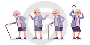 Old woman, elderly person with cane having heart, back ache