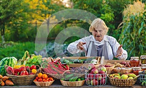 old woman farmer sells vegetables and fruits at the farmers market. Selective focus.