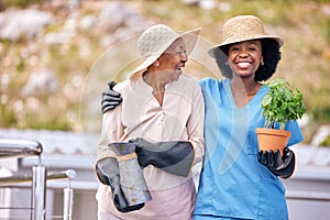 Old woman, gardening and portrait with nurse outdoor with plant, flowers and happiness in backyard nature. Happy, senior