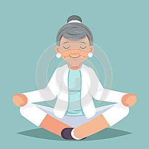 Old woman grandmother doing yoga exercises happy senior cartoon character design vector illustration