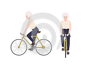 Old woman, grandmother or granny riding bike. Female cartoon character on bicycle. Pedaling elderly cyclist isolated on