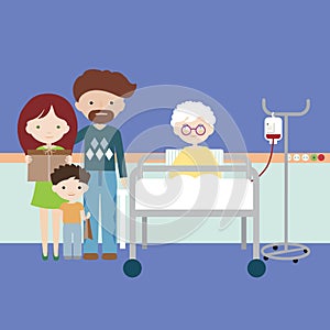 Old woman or grandmother lying in hospital bed and having intravenous infusion of artificial nutrition, family with children and