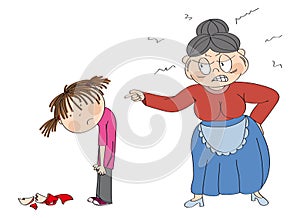 Old woman, granny, angry with her granddaughter pointing at her. Broken cup laying on the floor. Girl is looking sad.