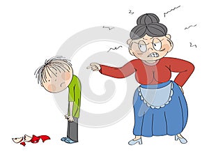 Old woman, granny, angry with her grandson, pointing at him. Broken cup laying on the floor. Boy is looking sad.