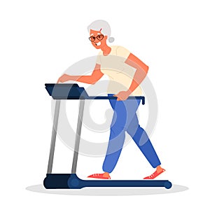 Old woman in the gym. Senior training on treadmill. Fitness program