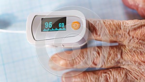 Old woman hand with white pulse oximeter close up