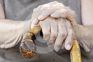 Old woman hands with cane