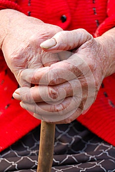 Old woman hands leans on walking stick