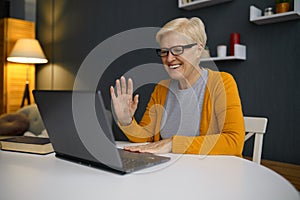 Old woman having video conference on laptop