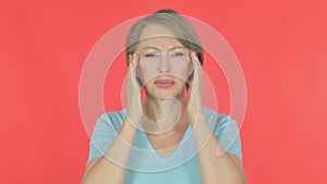 Old Woman with Headache on Red Background