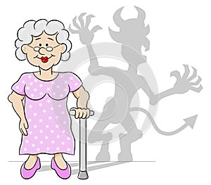 Old woman with her devil shadow