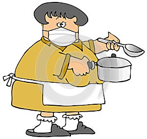 Old woman holding a cooking pot and wearing a face mask