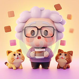 An old woman holding a cup of coffee and two cats, AI