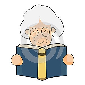 Old woman holding open books and reading.