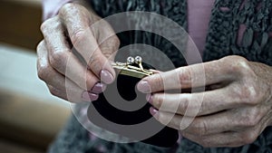 Old woman holding purse, social insecurity, lack of money, poverty, close-up photo