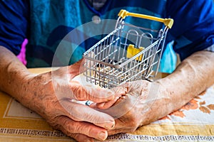 An old woman holds an empty shopping trolley in her hands, The concept, the plight of seniors, the high cost of living for a