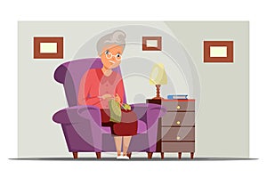 Old woman knitting flat vector illustration