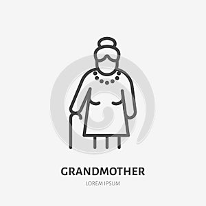 Old woman line icon, vector pictogram of grandmother with stick. Elderly care illustration, people sign