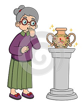 old woman looking historical items, ancient vases and urns