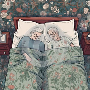 old woman man asleep mature bed couple happy love retired concept together. Generative AI.