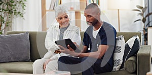 Old woman, man and tablet, caregiver with patient for healthcare and medical information or help with social media