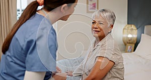 Old woman, nurse help with plaster and elderly care, support and wound from injection with healthcare. Health, wellness