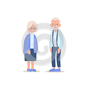 Old woman and old man standing together on a white background. Grandmother and grandfather together