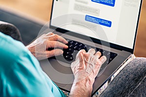 Old woman and online romance scam. Love and money fraud on internet. Elder senior using computer. Fake profile and catfish.