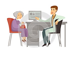 Old woman patient visit doctor vector cartoon icon