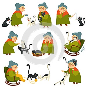 Old woman playing with cat pet, elderly lady set