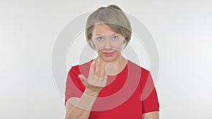 Old Woman Pointing at Camera, Inviting on White Background