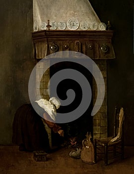 Old woman poking the fire, by Dutch golden age painter Jacobus Vrel
