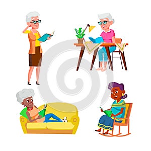 Old Woman Reading And Enjoying Book Set Vector