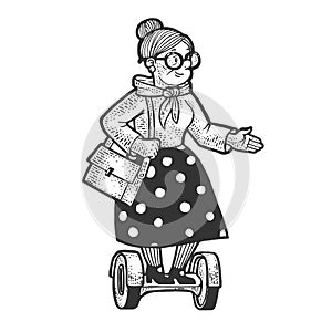 Old woman rides on hoverboard sketch vector