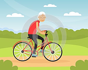 Old Woman Riding Bicycle in the Park Vector Illustration