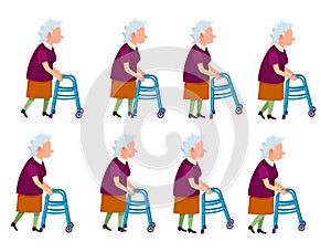 Old Woman with Rolling Walker Simple Cartoon Style