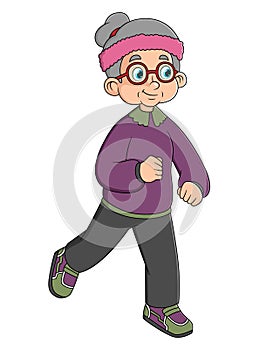 Old woman Running Along Street Side Doing Sport. Pensioners Outdoors Activity and Sport, Fitness, Healthy Lifestyle