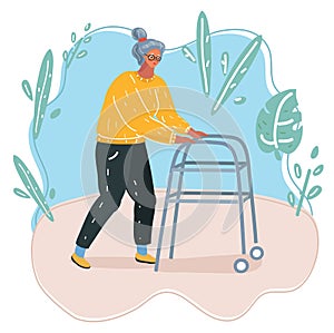 Old woman running with her walker