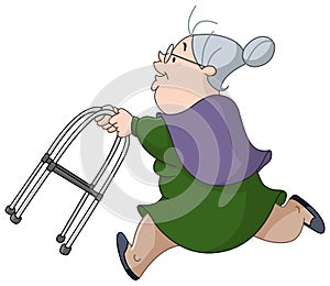 Old woman running with walker