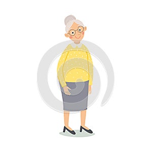 Old woman. Senior lady with glasses standing. Cute grandmother smiling. Elderly, , senior, retired people. Cartoon