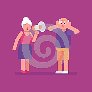 Old woman shouts through megaphone on old man. Flat people