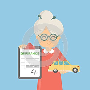 Old woman shows car insurance.
