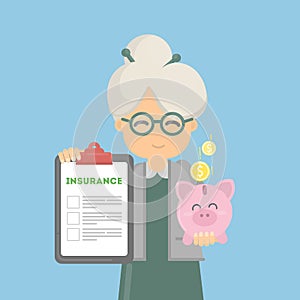 Old woman shows money insurance.